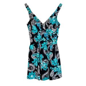 VTG Maxine of Hollywood Women Swim Dress Style Black Teal Paisley Floral Size 12